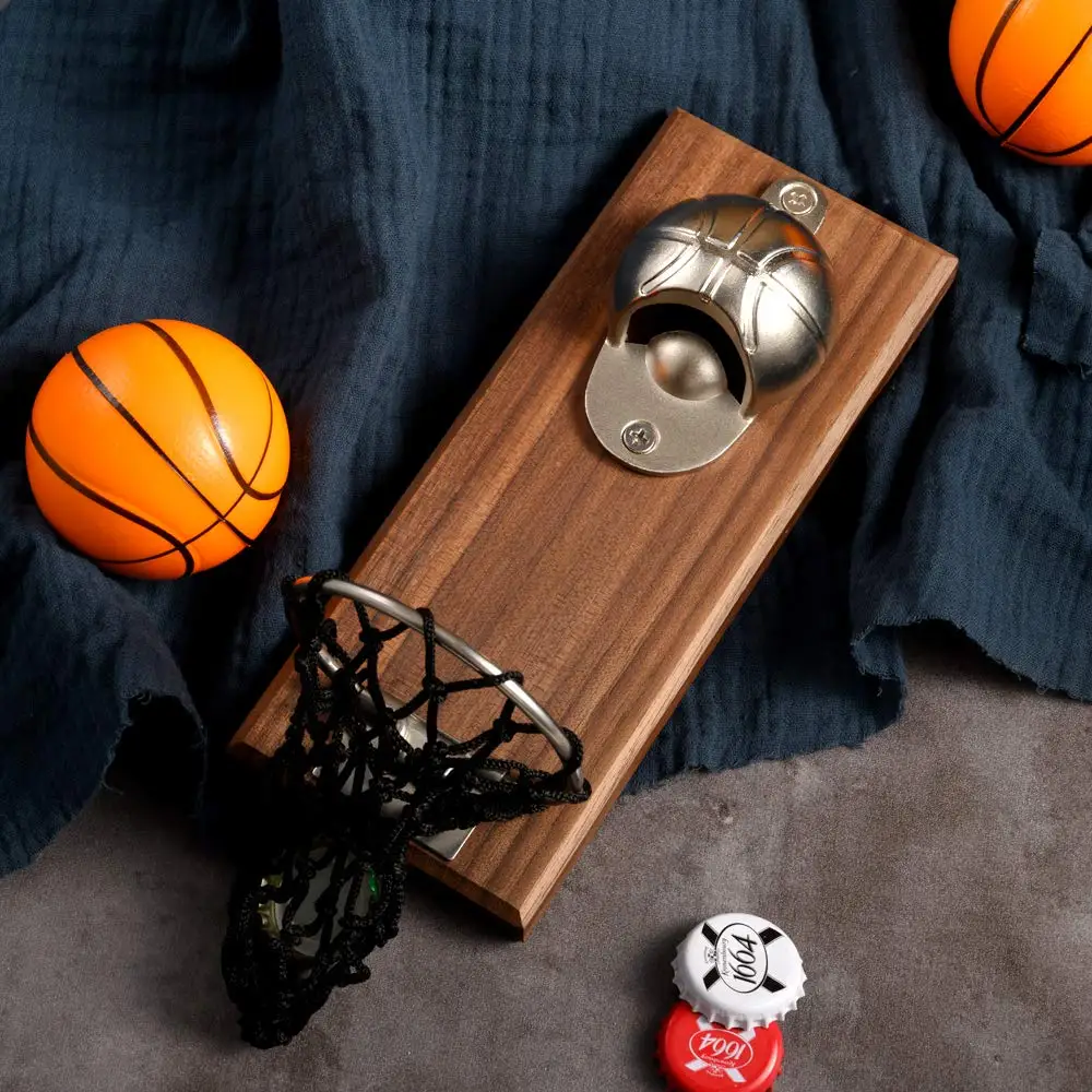 Magnetic Basketball Beer Bottle Opener Wooden Wall Mounted Opener with Cap Collector Catcher Ideal Gift Kitchen Decoration