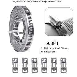 9.8 Feet Adjustable Large Hose Clamp Worm Gear Stainless Steel Clamp + 6 Fasteners 3 Meters Long 8mm Wide Steel Belt + 6 Buckles