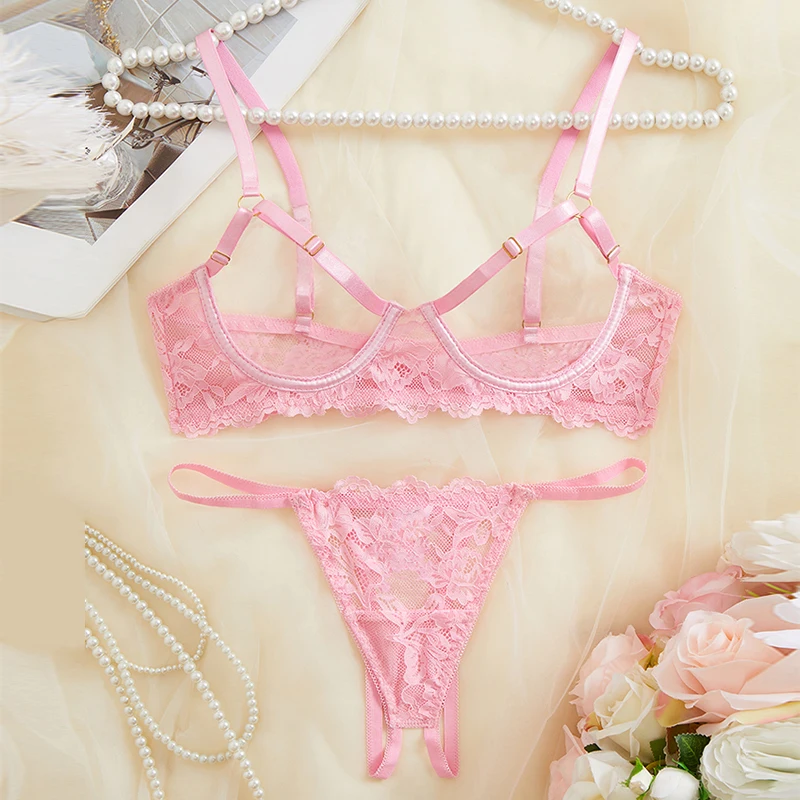 

Sexy Lingerie Sets Pink Lace Women Underwear See Through Bra and Panty Set Romantic Fancy Underwear 2 pcs Female Erotic Lingerie