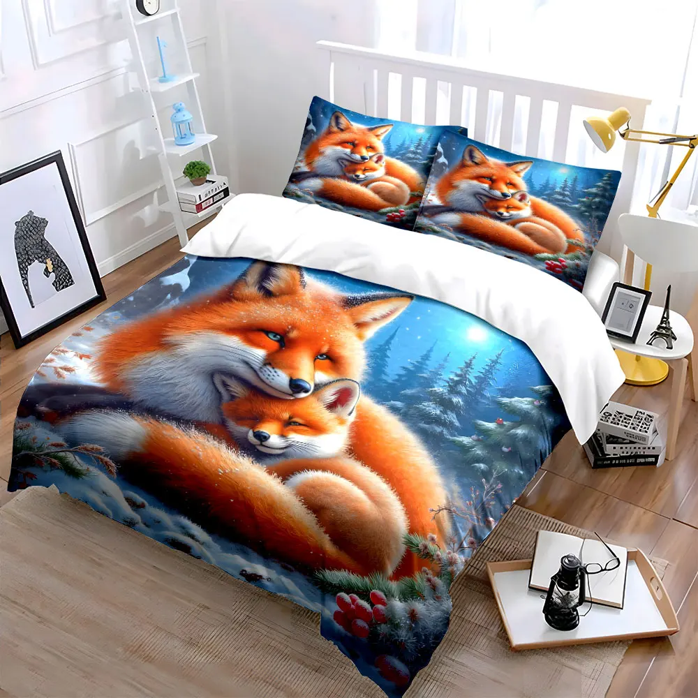 Warm fox family winter embrace Printed Duvet Cover Set1 Duvet Cover+2 PillowcaseMulti Size Bedroom Bedding Decor Luxury gifts