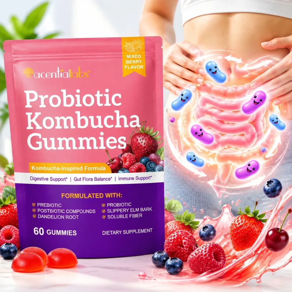 Probiotic Kombucha Gummies for Relieve Bloating Gut Flora Balance Weight Management & Metabolism 6-in-1 Gut Health Formula 60 Ct