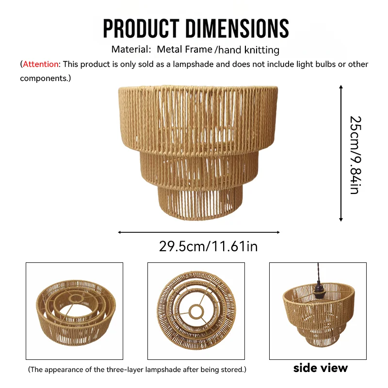 Three-Tier Rope Lamp Shade, Woven Hemp Drum Cover for Pendant Chandelier Farmhouse