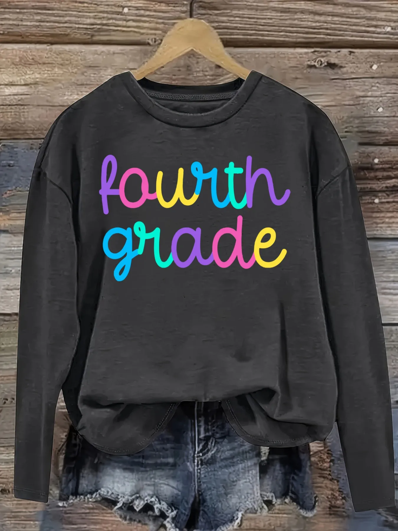 Women's Casual Long Sleeve Crew Neck T-Shirt Fourth Grade Rainbow Text Print Design, Round Neck Women's Clothing, Machine Washable, Slightly Elastic, Loose Fit, Spring Autumn Winter Women's T-Shirt, Halloween Costume Outfit