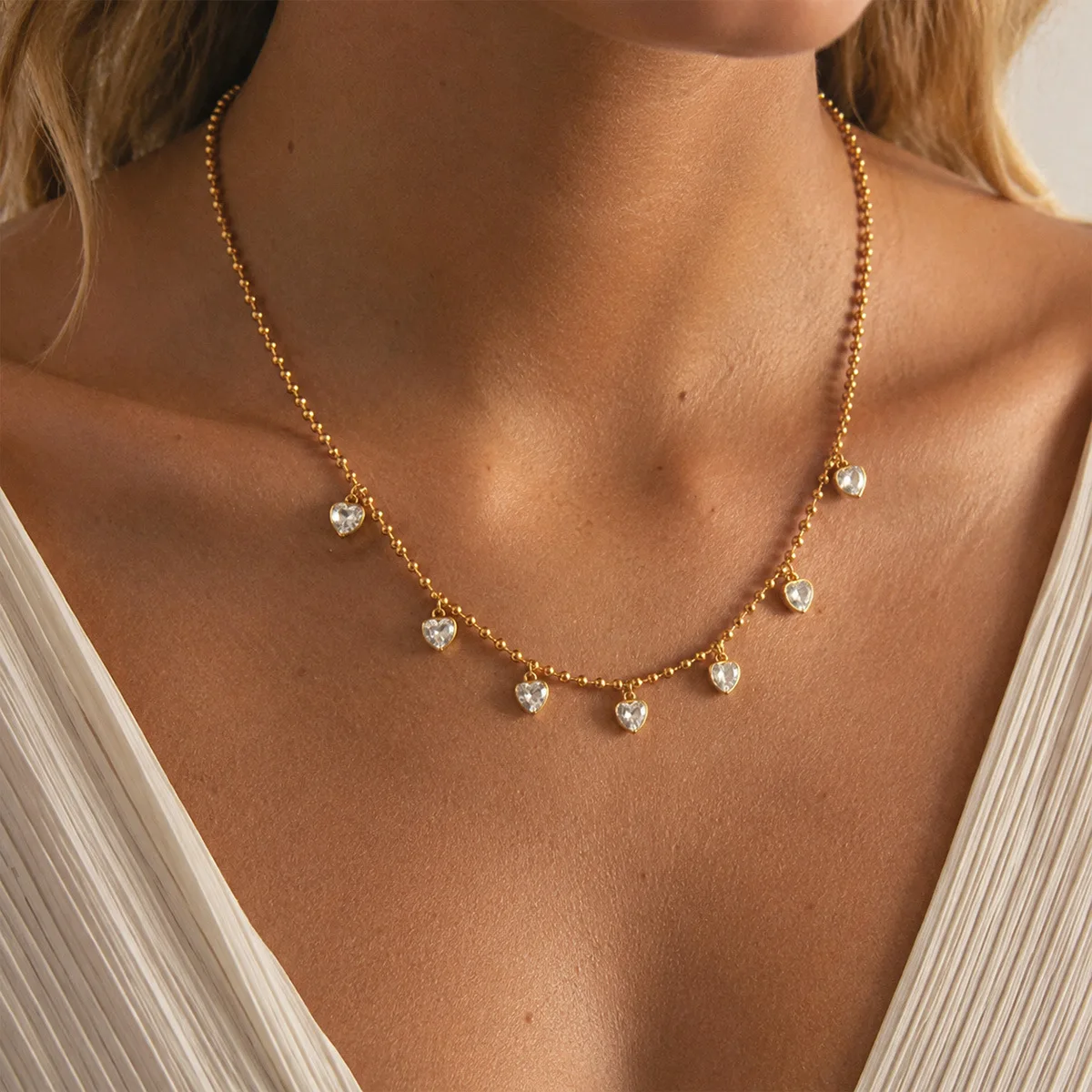 Ars Stainless Steel Beads Chain Necklaces for Women Multi Heart Zircon Charms Necklace 18k Gold Plated Necklace Jewelry Gifts