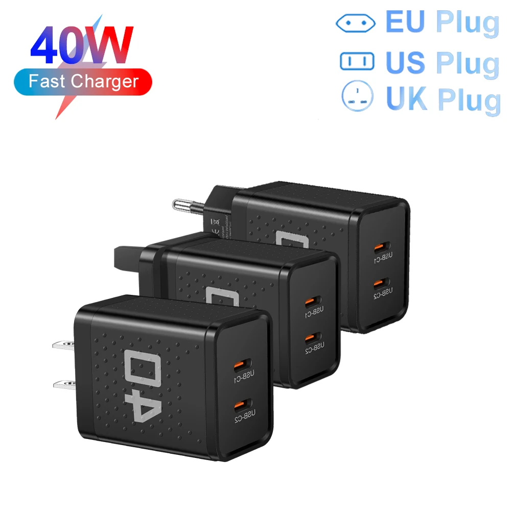 Dual PD Fast Charger Total 40W High Speed Charging Adapter Mobile Phone Type C Fast Charger For iPhone Xiaomi Samsung EU/US/UK