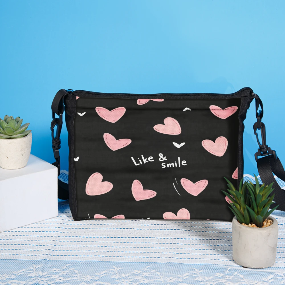 1pc Fashion Crossbody Bag Black Pink Hearts And Like Smile Print Shoulder Bags For Women Girls Daily Use School Work Travel Carr