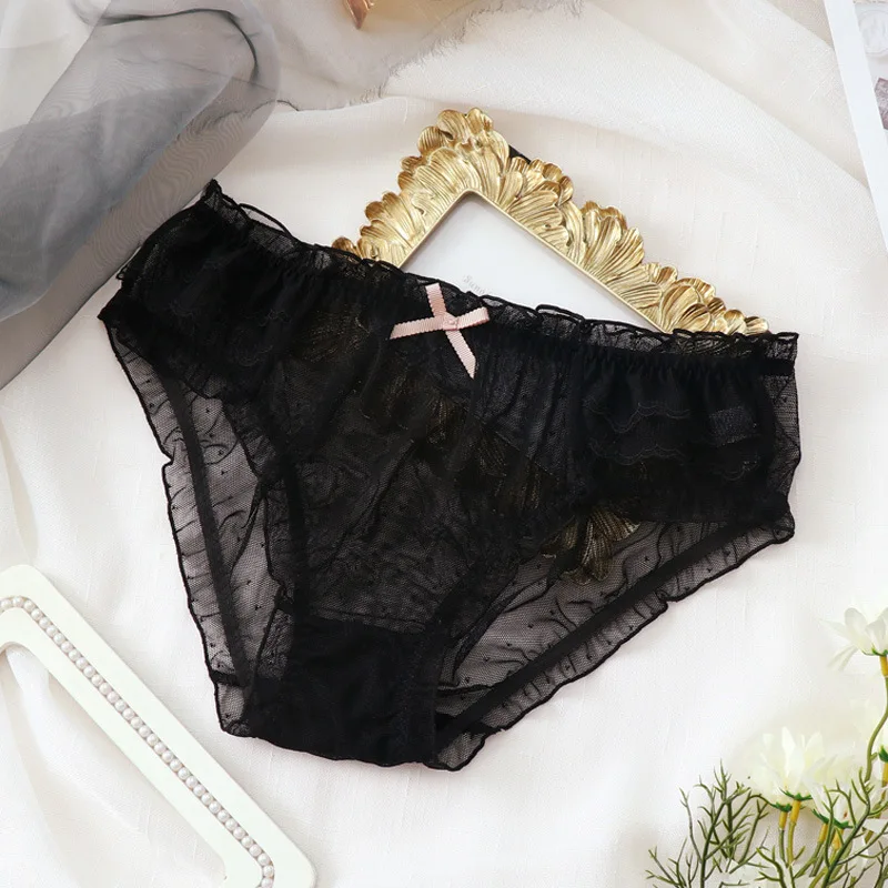 Women Large Sensual Lingerie See Through Panties Summer Ultra-thin Dot Bow Cute Lolita Underwear Sexy Lady Mesh Briefs 3XL