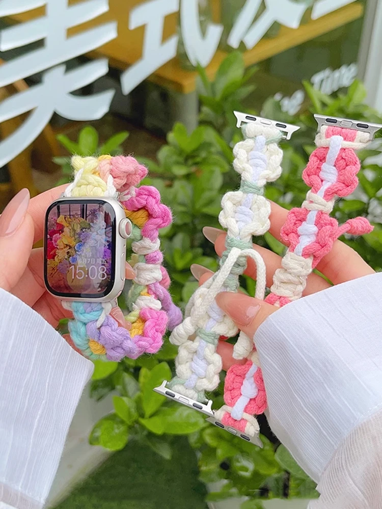 น่ารักสายรุ้งดอกไม้สําหรับ Apple Watch 49 มม.46 มม.45 มม.40 มม.42 มม.41 มม.38 มม.ไนลอนสานสําหรับ iWatch Ultra 10 9 8 7 SE 6 5 4