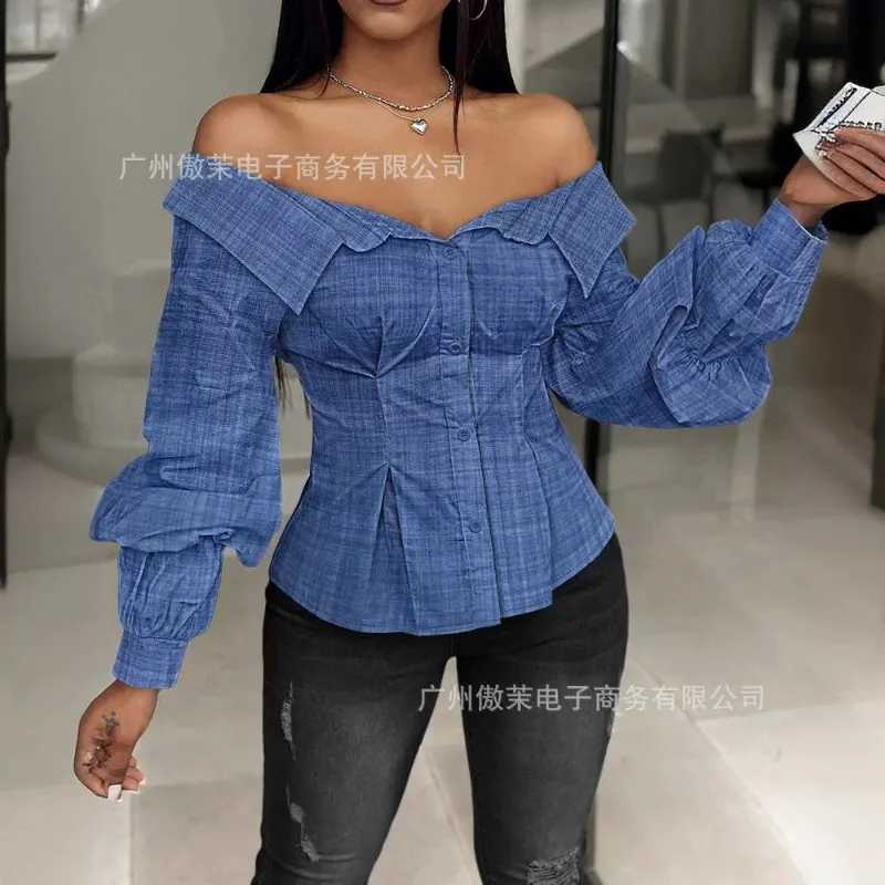 

2024 Spring Summer New Women's Clothing Solid Color off-Shoulder Lapel Long Sleeve Top