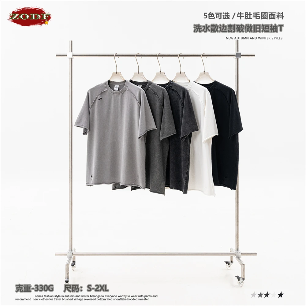 ZODF 2025 Men Summer Heavy Weight Washed 330gsm Cotton T-shirt Unisex High Street Distressed Holes Oversized T Shirts Tee HY0984