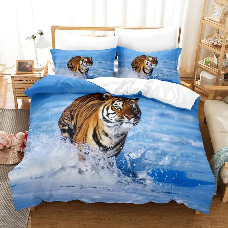 Wilderness Theme Bedding Set Lion Tiger Leopard Print Cozy Duvet Cover King Queen Twin Single Size Birthday Gift Bedroom Decor