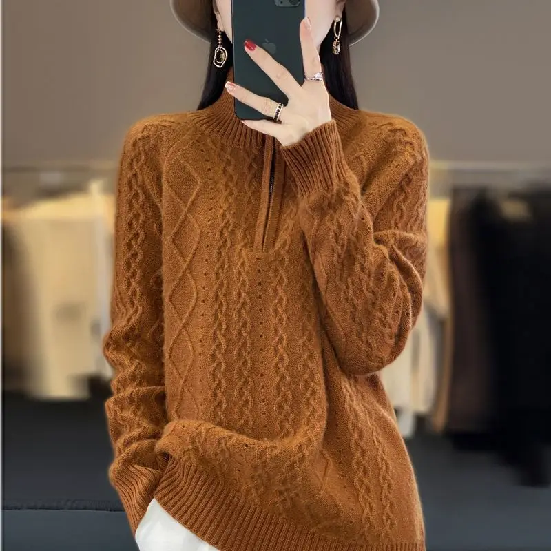 Fashion Solid Knitted Sweaters Women Vintage Long Sleeve Zip-up Basic Half Turtleneck Sweater Female Pullovers Chic Casual Tops