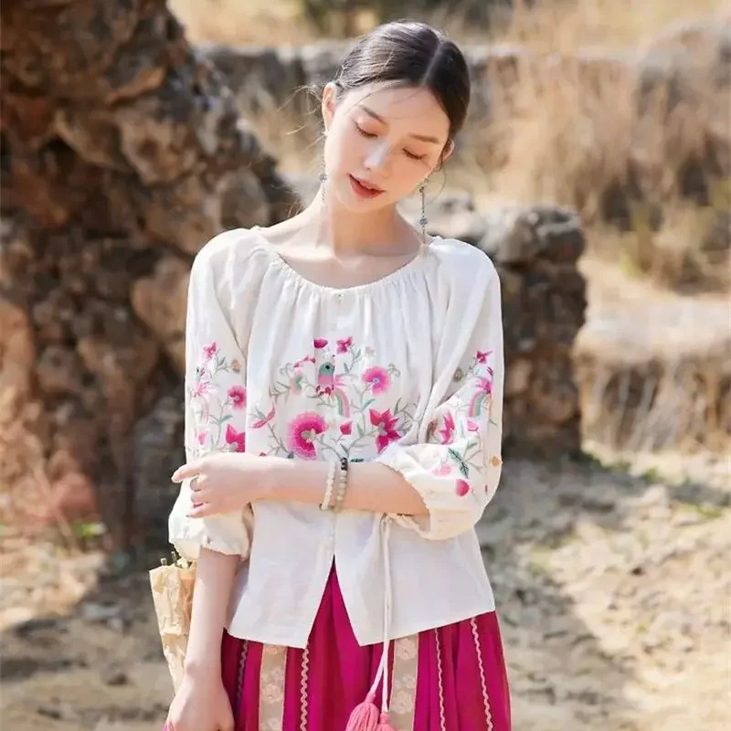 Style chinois fleur broderie chemise femmes été printemps coton lin Blouses ample à lacets gland Boho Blouse hauts courts