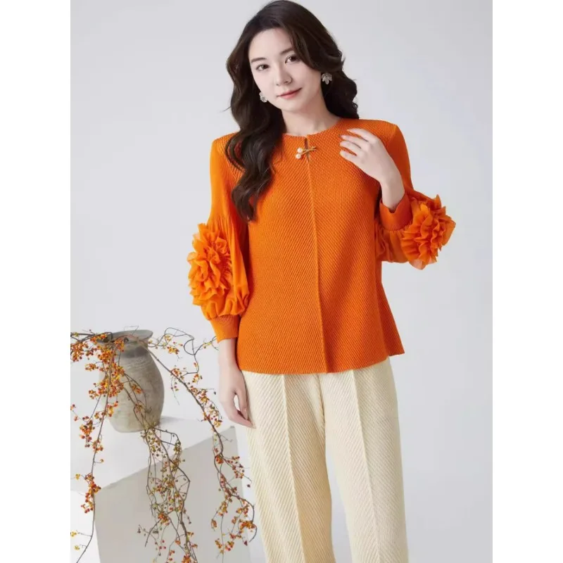 三宅プリーツ Tシャツ 2025 春服新しい気質エレガントな折り小さなシャツ薄い大きいサイズルーズプリーツトップス女性