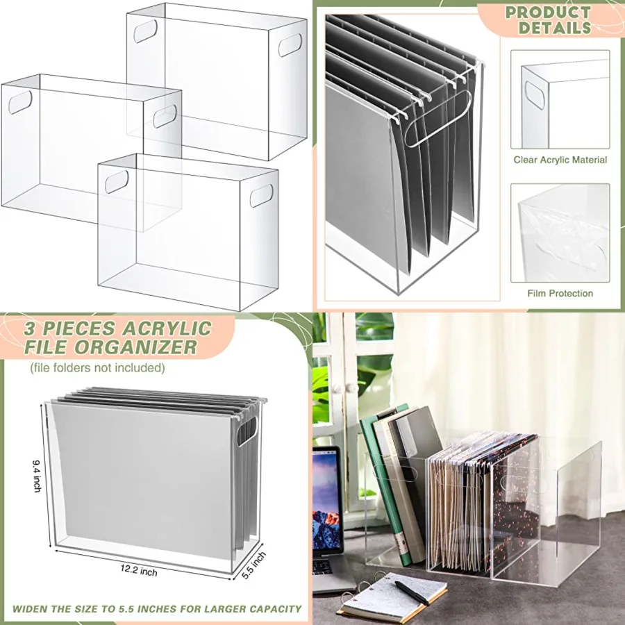 

3 Pcs Acrylic File Organizer Acrylic Desktop File Box with Handle Hanging Folder Clear Holder Filing Box for Office Home School