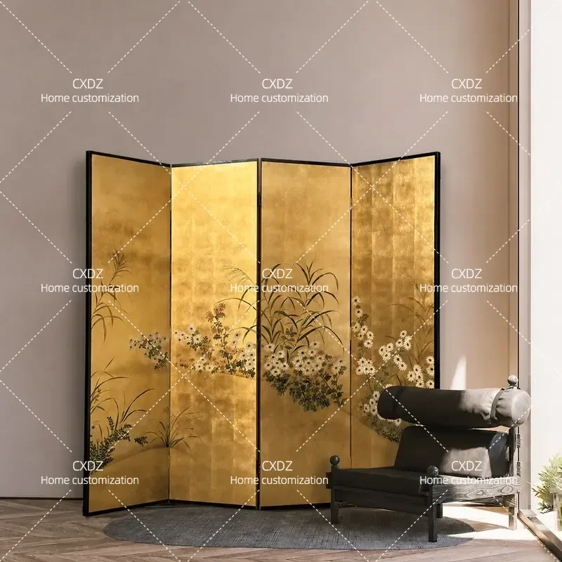 Wabi Sand Wind Gold Foil Medieval Living Room Screen Home Retro Folding Partition Office Door Mobile Entrance Customization