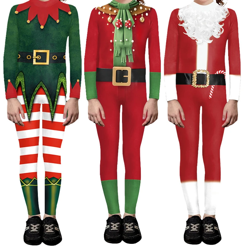 Kids Boys Girls Christmas Carnival Cosplay Jumpsuit Long Sleeve Print Tight Fitting Bodysuit Performance Costumes