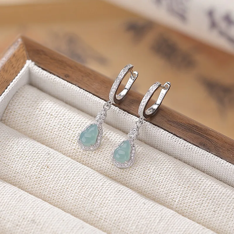 

TIMESWIND Beauty S925 Silver Light Blue Jade Gourd Full Zircon Women Earrings with Certificate