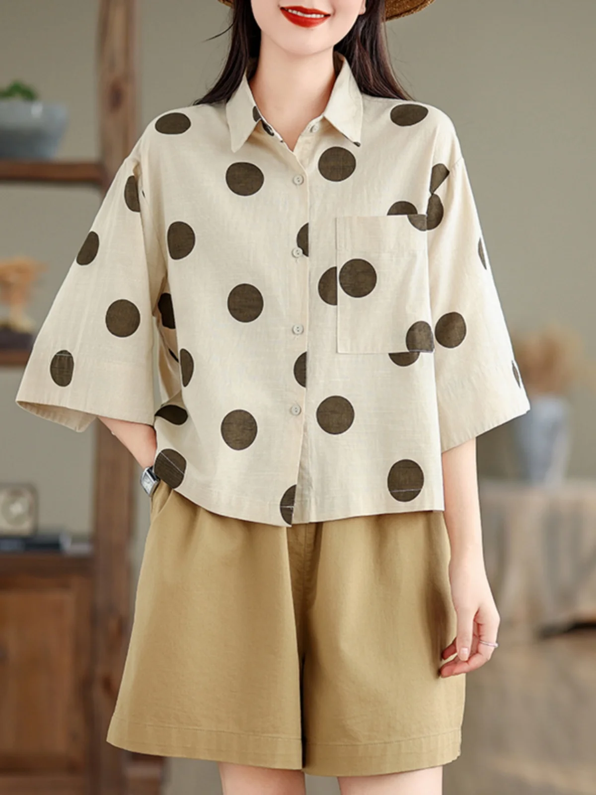 

Women's Cotton Linen irt Summer Casual Loose plus Size Harajuku Sle ort Sve Polka Dot Sweet Sle Regular Fit