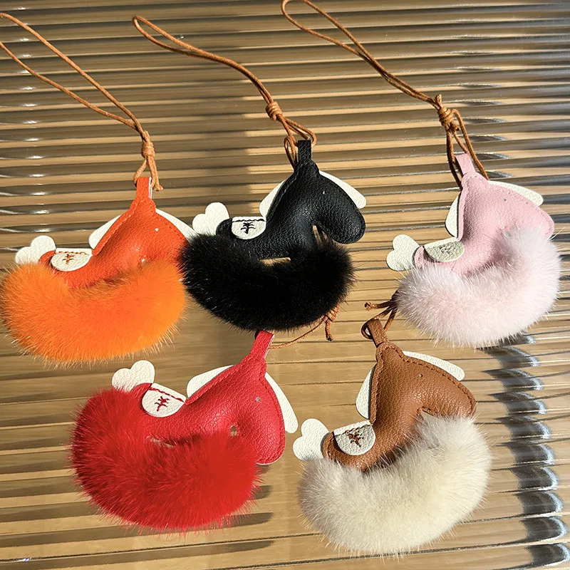 Lucky Zodiac Horse Keychain Real Natural Mink Fur Pom Pom Bag Pendant Genuine Leather Wealth Sign Car Key Ring Gift For Women