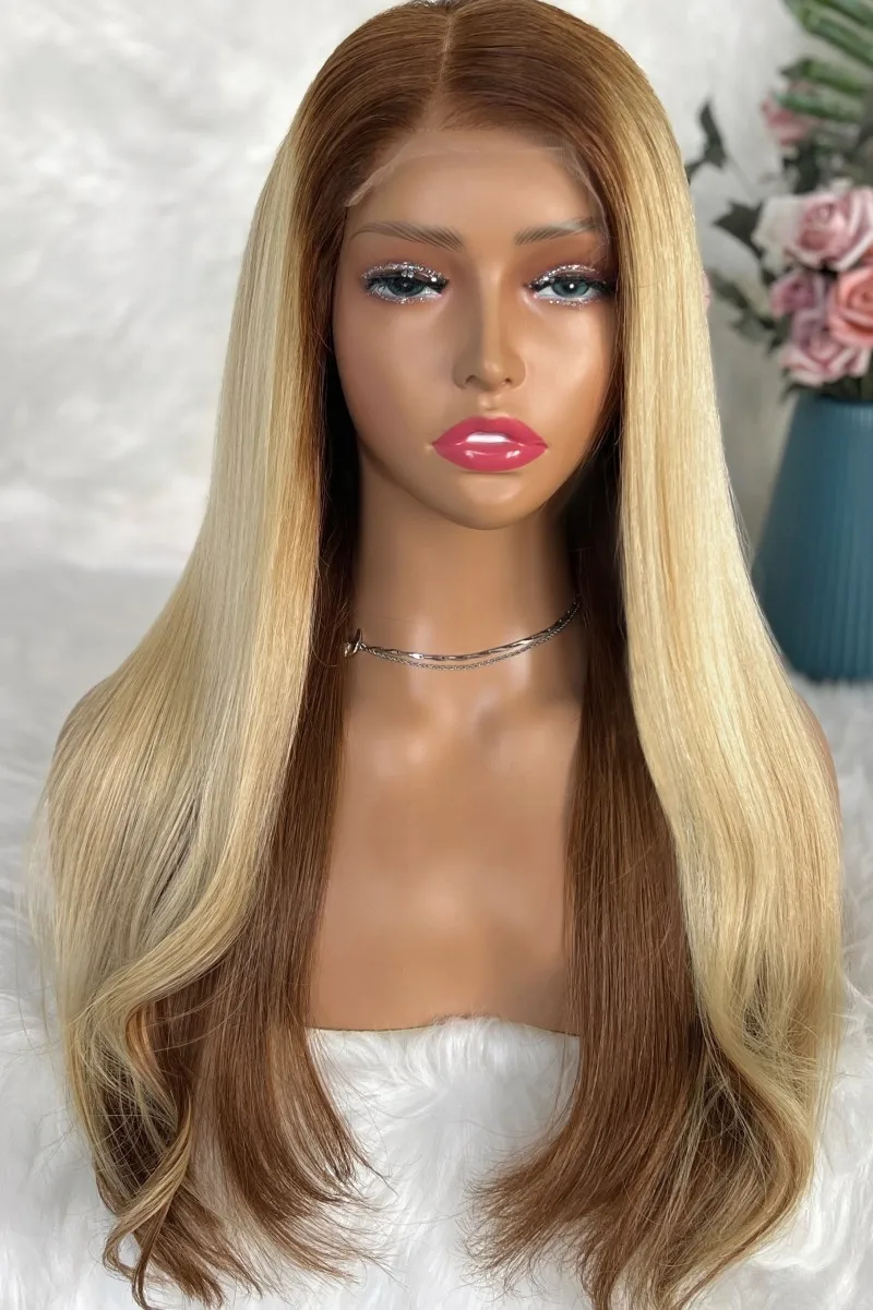 Long Ombre Brown Blonde Water Wavy Machine Made Synthetic Hair Wig With Bangs for women