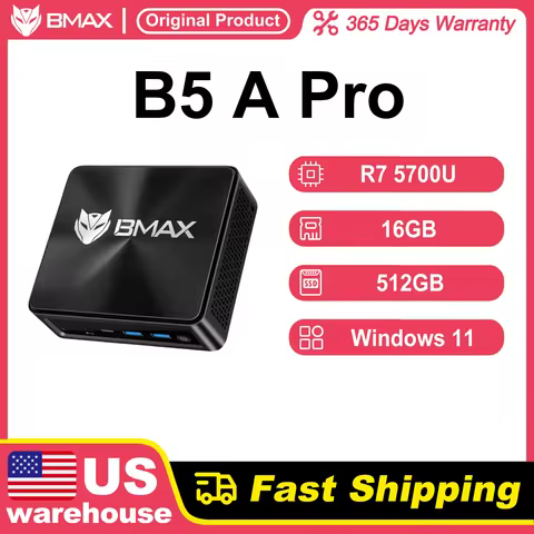 BMAX B5 A Pro Mini PC AMD Ryzen 7 5700U 16GB DDR4 RAM 512GB NVMe SSD Wifi 6 Bluetooth 5.2 HDMI Type-C Display 4K @ 60Hz