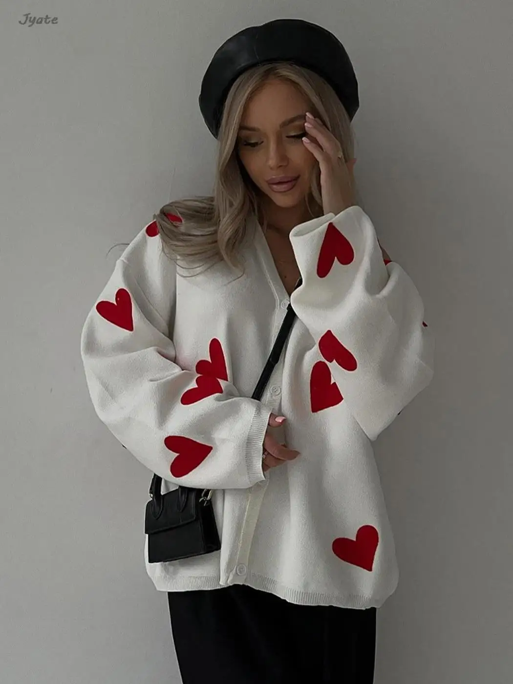 

Embroidered Love-graphic Knit Cardigan Sweater Chic Single Breasted Knitwear Jacket Fashion Autumn Winter Loose Coat Home 2024