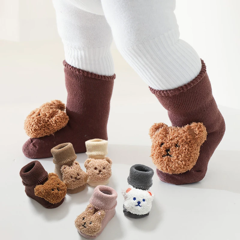 Thick Coral Fleece Baby Socks Silicone Bottom Non-slip Toddler Sock Winter Warm Plush Newborn Sleep Sock Cartoon Bear Infant Sox