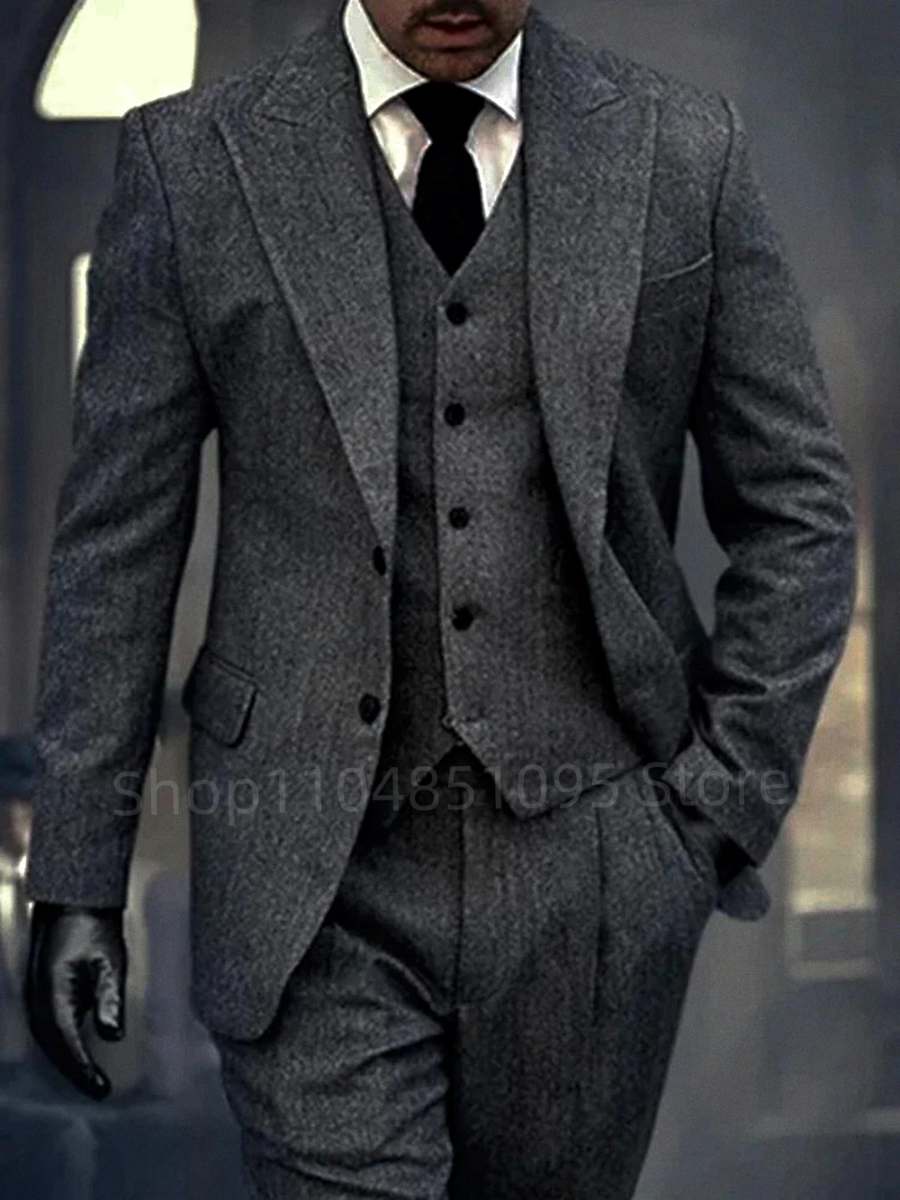 

Dark Gray Herringbone Wool Tweed Winter 3 Piece Men Suit's For Wedding Business Male Formal Groom Tuxedos Fashion Men Suits Set