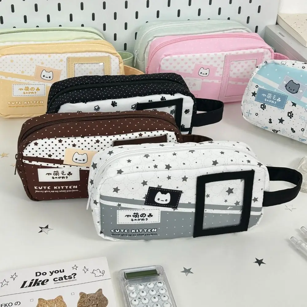 Polka Dot Kitten Print Pencil Case Multi Colors with Handle Pencil Pouch with Photo Window Large Capacity Stationery Bag Gift