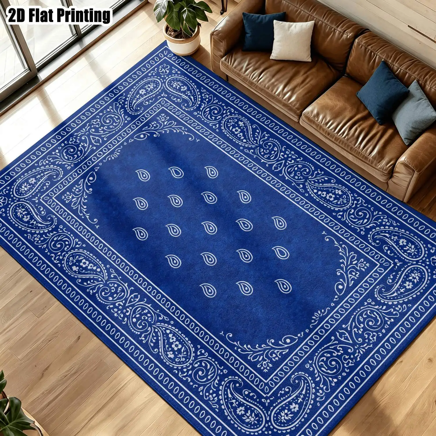 1Pc 2D Printed Blue Paisley Pattern Nordic/Instagram Style Modern Minimalist Vintage Geometric Striped Carpet, Multi-Size Machine Washable Home Decor Floor Mat for Entrance, Dining Room, Foyer, Living Room, Bedroom