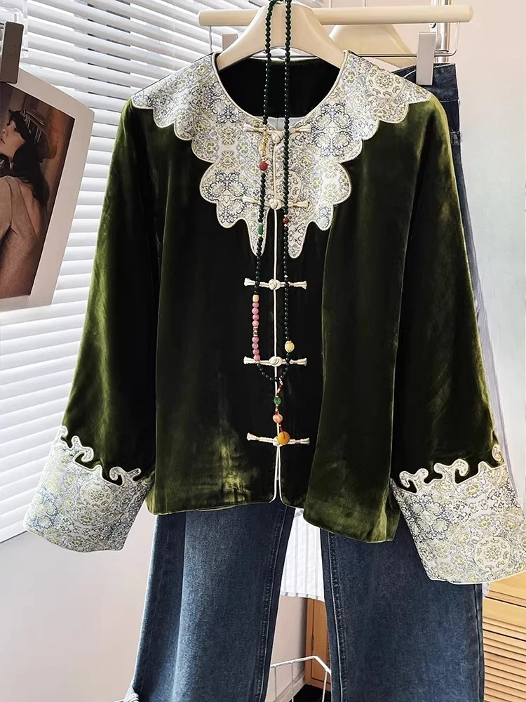 2026 Spring Fall Women Lace Patchwork Chinese Style Vintage Green Velvet Top Shirt , Woman Clothing Casual Velour Tops T Shirts