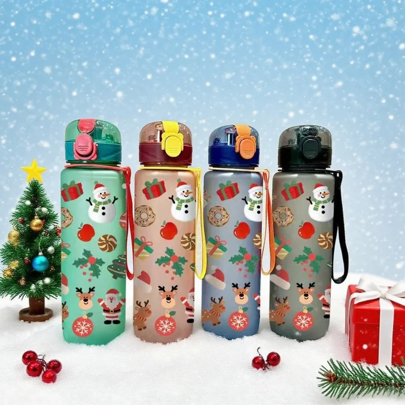 

3D Print 700ml Christmas Water Bottle with Cute Santa Reindeer Design Santa Claus Cartoon Cute High Appearance Plastic Water Cup
