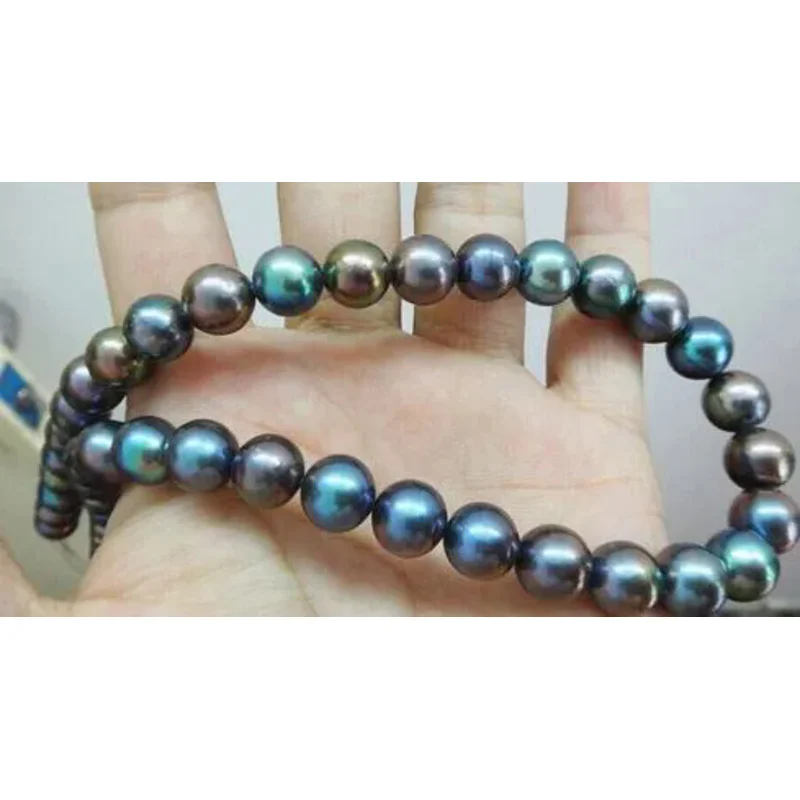 New 18' 9-10mm Tahitian bla Pearl nelace 925 silver white gold