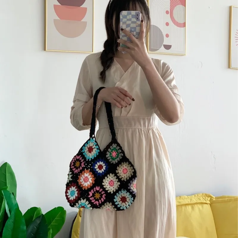 Sac fourre-tout en crochet floral fait à la main pour femme, sac à main de grande capacité, sac à provisions décontracté, évidée, chimvintage, initié