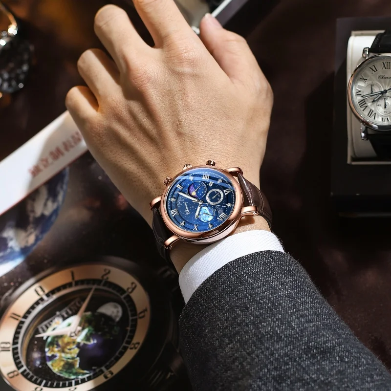 CHENXI 972 Men\'s Quartz Watch Luminous Moon Phase Chronograph Calendar Waterproof Leather Strap Luxury Business Watches