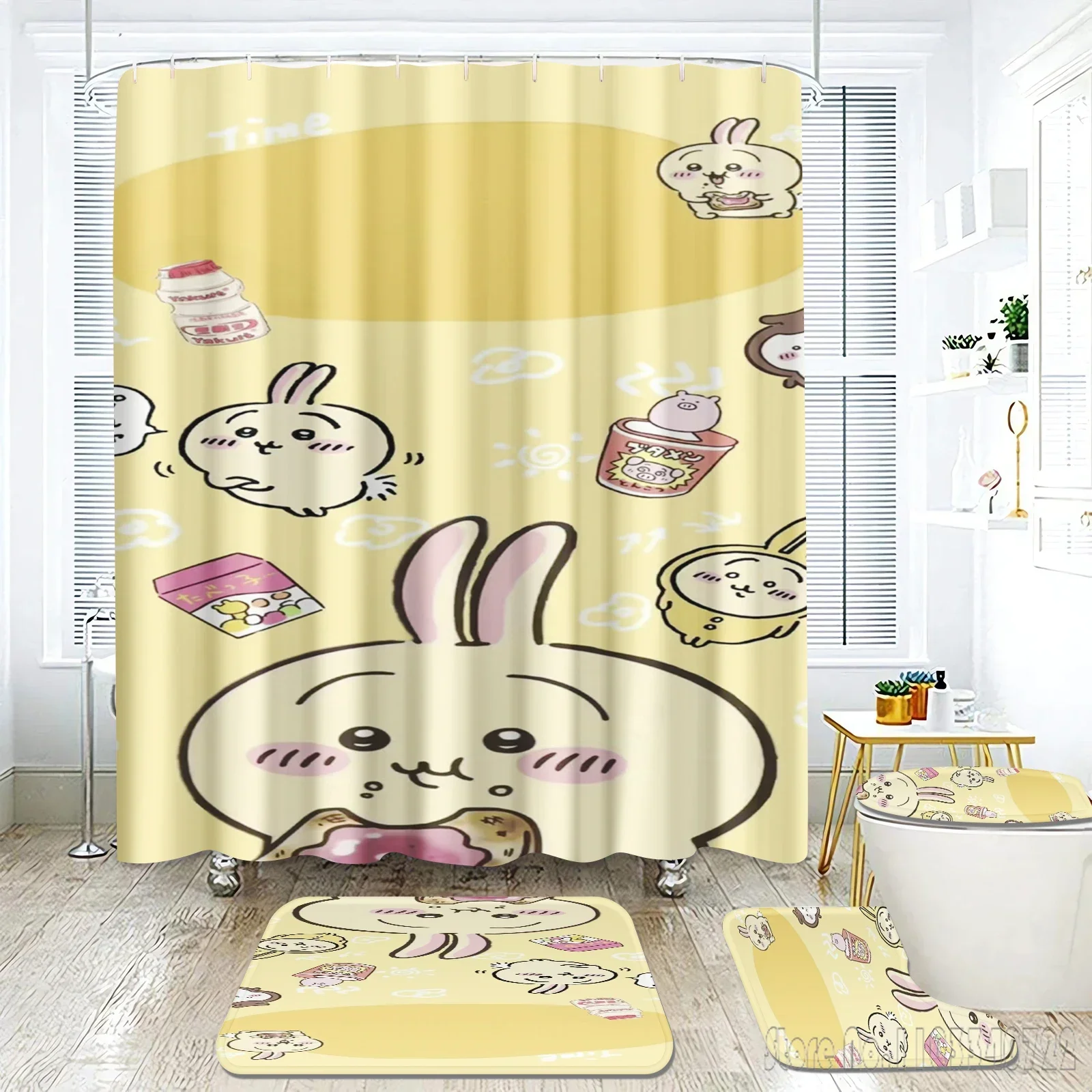 Anime Chiikawa Various Sizes Kawaii Bath Shower Curtain Set 4pcs with Hooks Cartoon Decor Bathroom Toilet Mat Lid