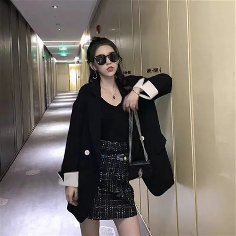 ロングブレザー女性春カジュアルオフィスレディラペルダブルブレストスリムフィットエレガントなソリッドカラーのファッションアウターミニマリスト