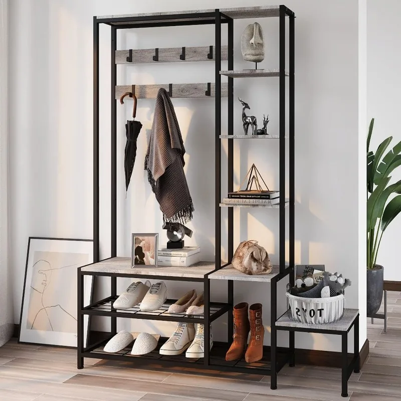 

Hall Tree with Shoe Storage Bench Coat Rack with 7 Hooks Interchangeable 4 Tier Side Storage Shelves Small Cute Side Bench Indus