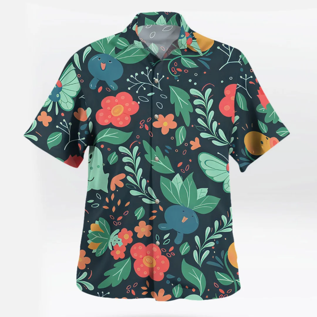 Retro and Playful Flower Leaf Elf Shirt for Men, Niche Loose Casual Short Sleeved Shirt