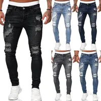 Pantalones vaqueros ajustados rasgados de estilo callejero a la moda para hombre, pantalones vaqueros lisos con lavado Vintage, pantalones vaqueros ajustados informales para hombre, gran oferta