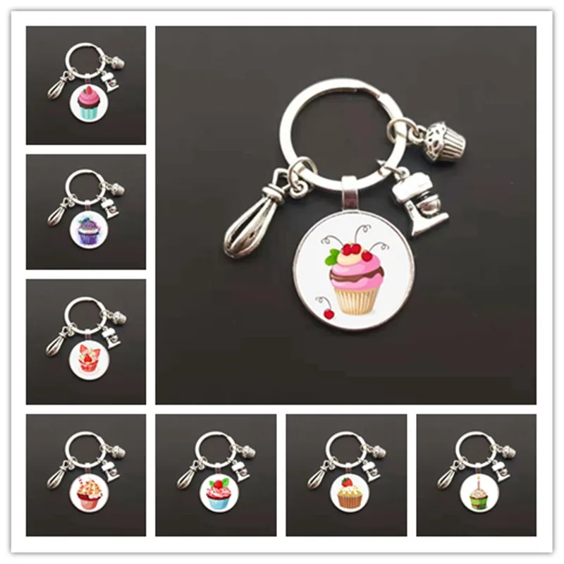 2021New cake cup cute dessert cup cabochon pendant metal keychain daughter cake shop handmade gifts for family and friends