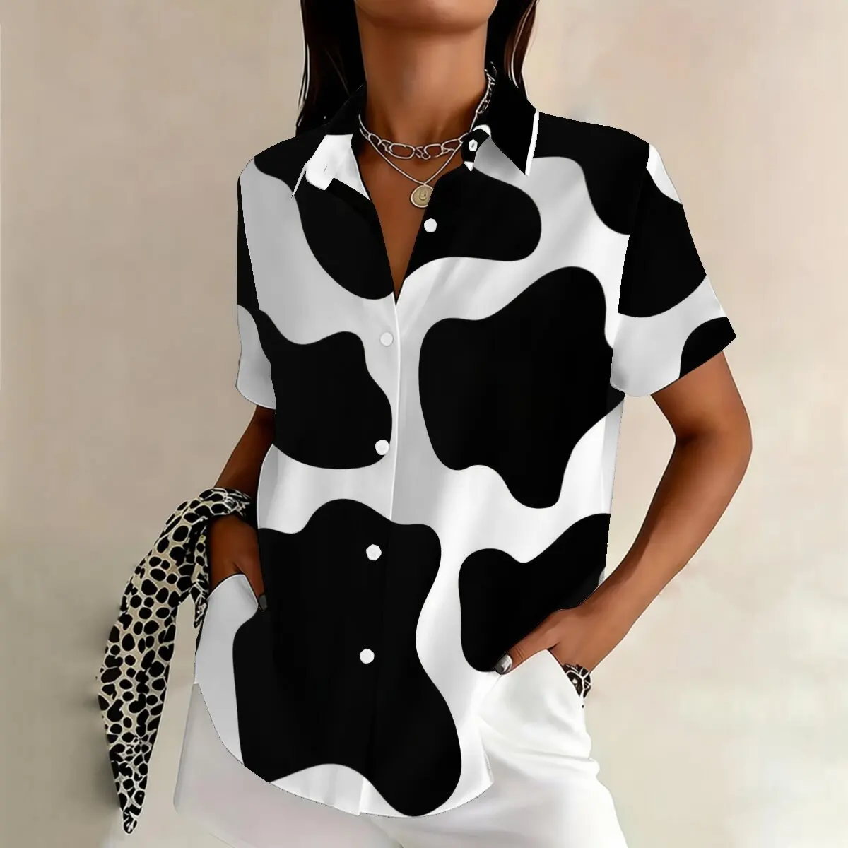 

Summer plus-size women's single-breasted shirt with delicate cow pattern, stylish and unique,suitable for workplace, casual wear