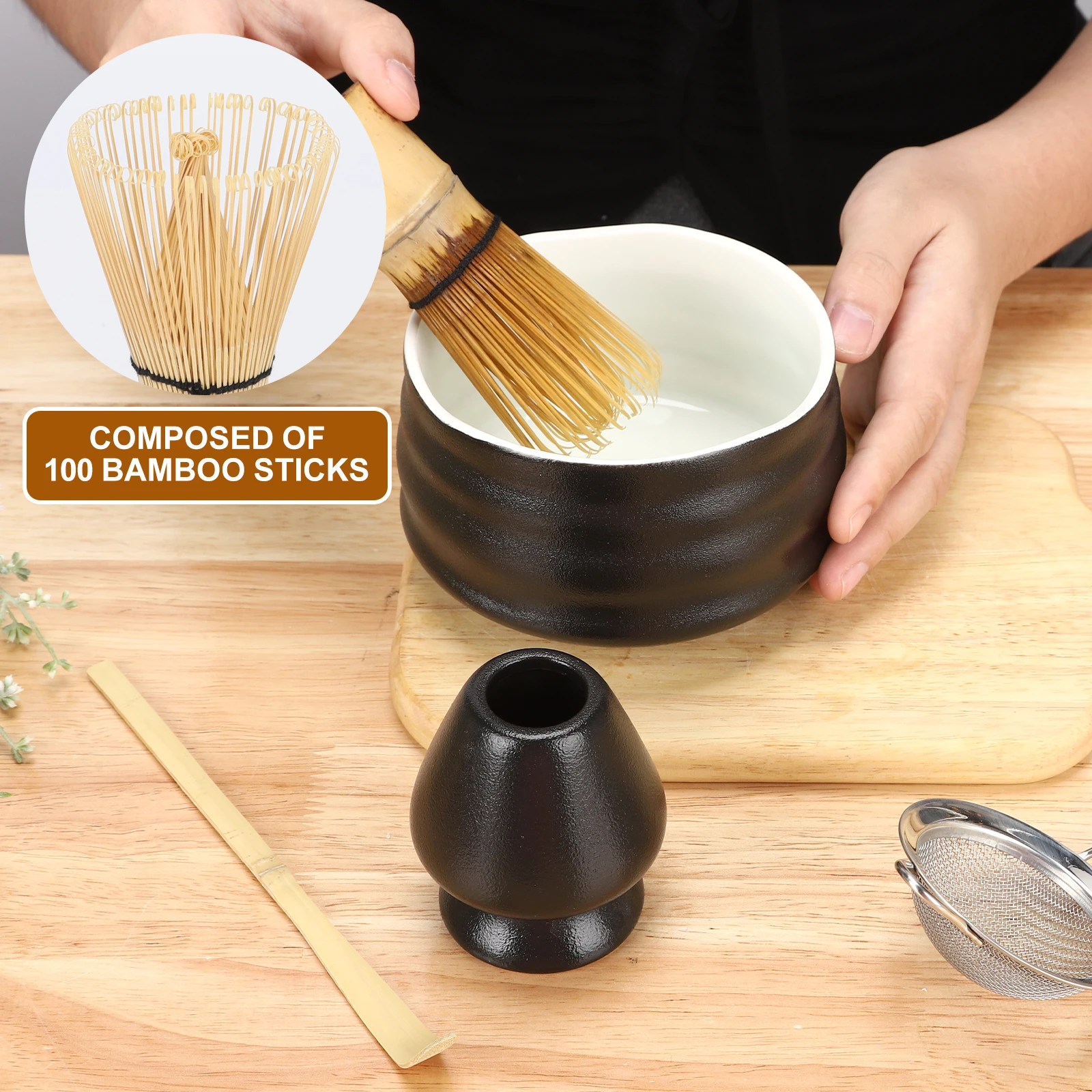 Matcha mixing tool with stainless steel sieve ceramic bowl bamboo brush to make matcha set