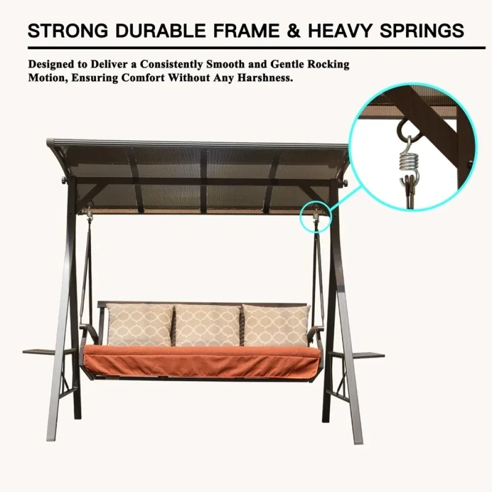 Balanço de varanda para pátio, dossel ajustável para 3 pessoas, rede de luxo, planador de balanço com 3 almofadas de guarda-sol para jardim ao ar livre, varanda,