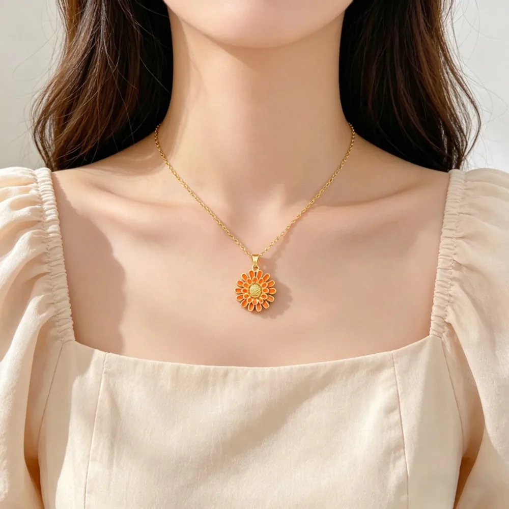 Summer Fashion Enamel Sunflower Gold Color Stainless Steel Orange Daisy Flower Pendant Necklace for Women Romance Casual Jewelry