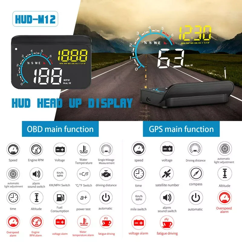 Windshield Project OBD+GPS HUD M12 Head Up Display Speedometer Coolant Temperature Fuel Consumption Voltage Alarm System