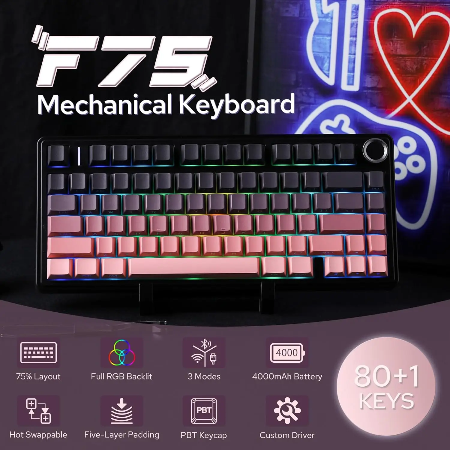 

Aula F75 75% Layout Wireless Gaming Keyboard Tri-Mode Bluetooth/2.4G/USB-C RGB Backligth 81Key Hot-Swappable Mechanical Keyboard