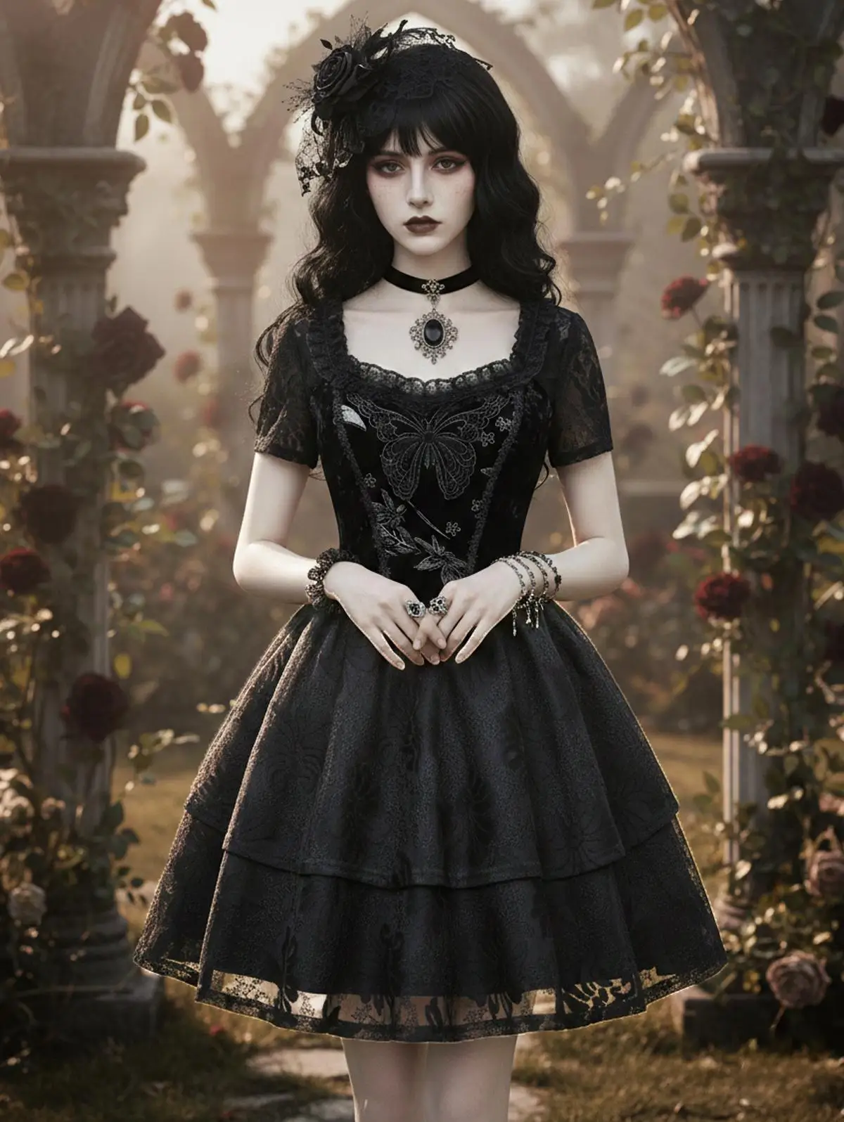 Hot Gothic Butterfly Appliques Flower Lace Dress 2026 New Black Ladies Spring Summer Square Collar Short Sleeves Mini Dresses