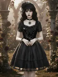 Hot Gothic Butterfly Appliques Flower Lace Dress 2026 New Black Ladies Spring Summer Square Collar Short Sleeves Mini Dresses